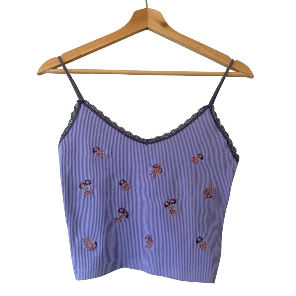 NWOT Y2K Soft Girl Coquette Purple Ribbed Crop Cami Embroidered Spandex Lace L